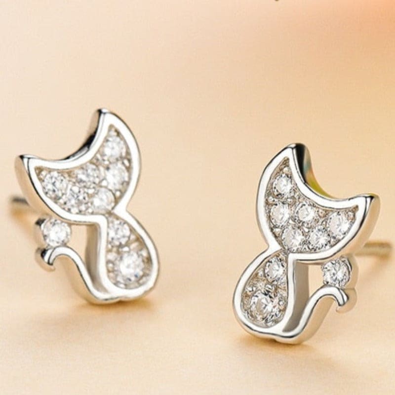 Boucles d'oreilles chat brillant en argent