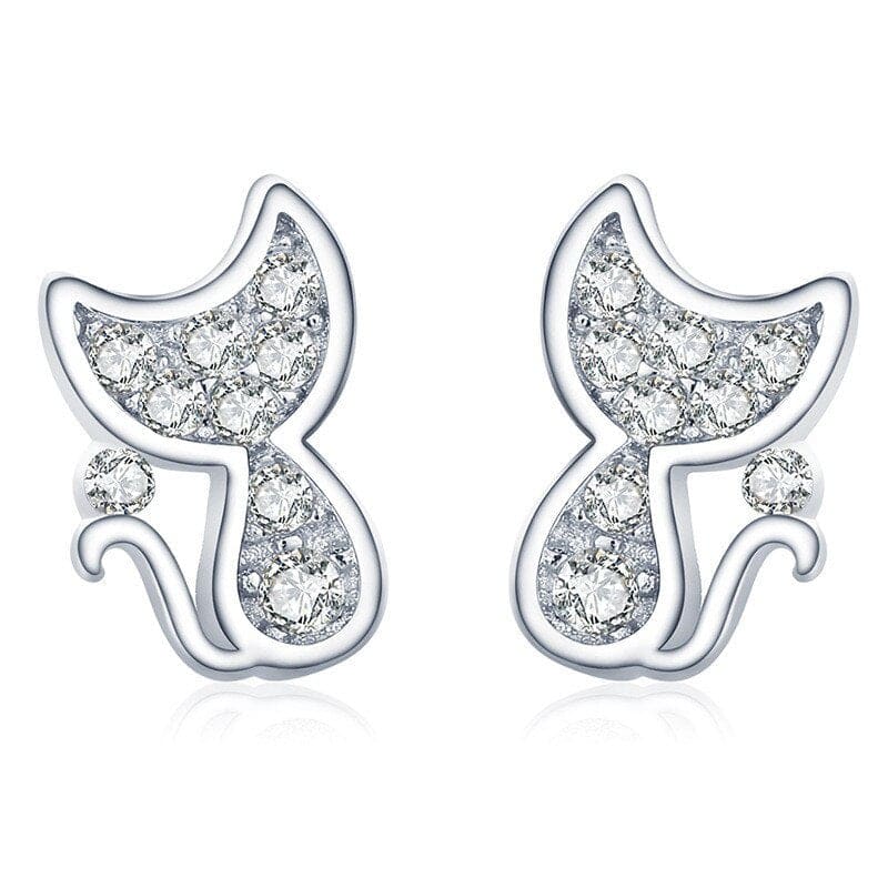 Boucles d'oreilles chat brillant en argent